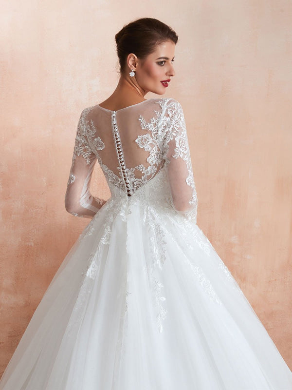 Wedding Gown 3/4 Sleeve Jewel Neck Lace Appliqued Beaded Ball Gown Bridal Wedding Dress With Train