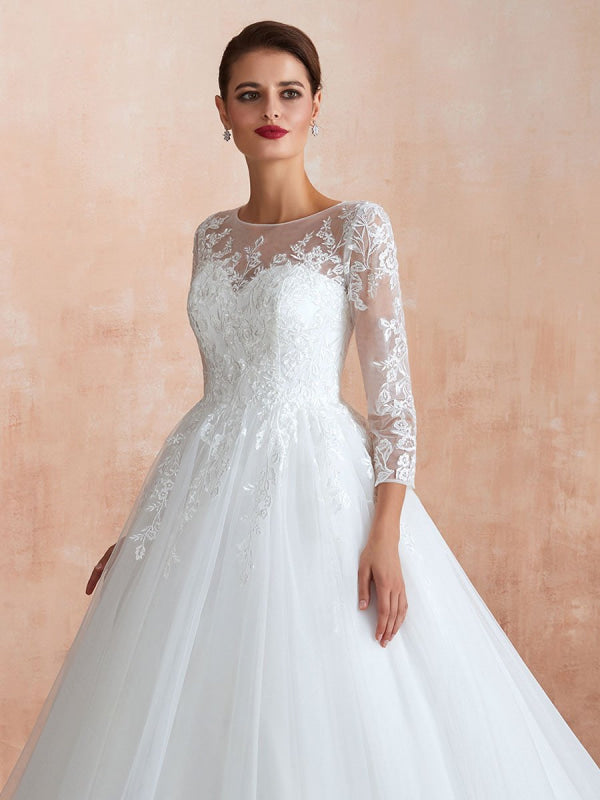 Wedding Gown 3/4 Sleeve Jewel Neck Lace Appliqued Beaded Ball Gown Bridal Wedding Dress With Train