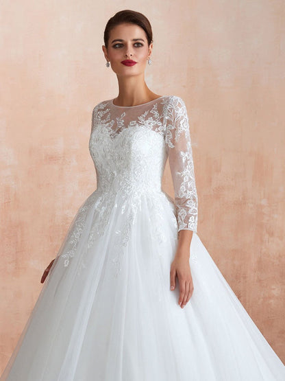 Wedding Gown 3/4 Sleeve Jewel Neck Lace Appliqued Beaded Ball Gown Bridal Wedding Dress With Train