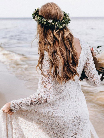 Wedding Gowns With Train V-Neck Long Sleeves Floor-Length Ivory Lace Bridal Gowns