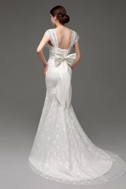 Mermaid Lace-Up Back Long White Wedding Dress with Bowknot