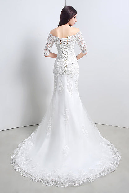 Princess Off Shoulder Mermaid White Wedding Dress with Lace