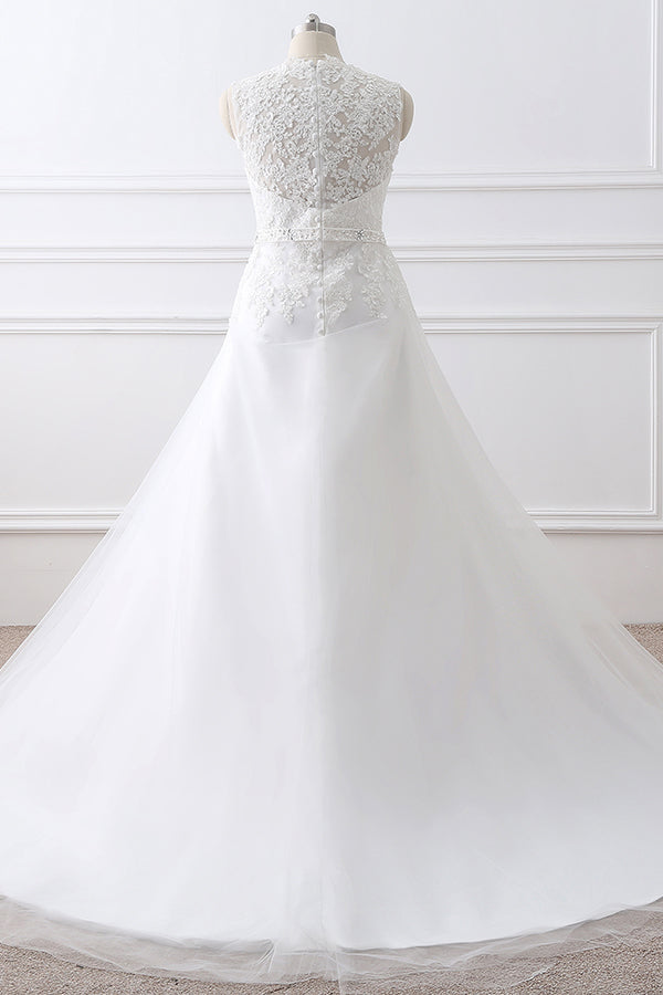 White Appliques Long Wedding Gowns with Beading Belt