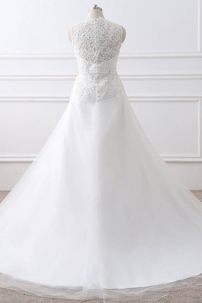 White Appliques Long Wedding Gowns with Beading Belt