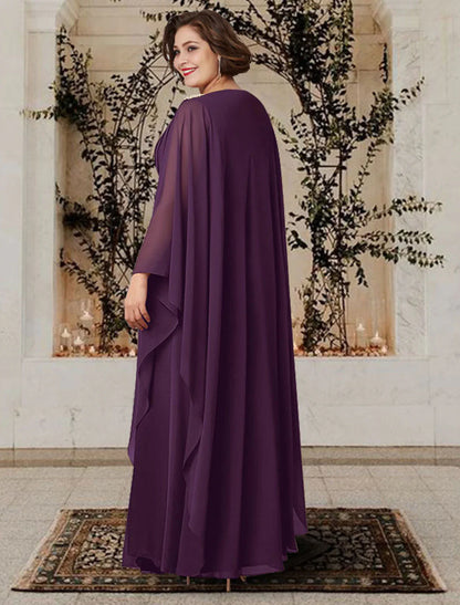 Aimishang  A-Line Mother of the Bride Dress Plus Size Elegant V Neck Floor Length Chiffon Long Sleeve with Pleats Crystals