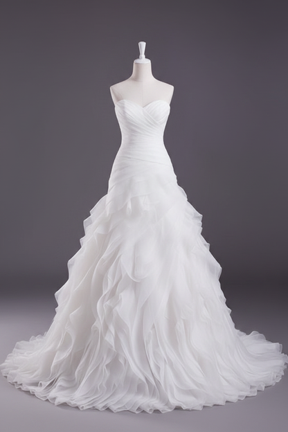 Pink A-Line Strapless Sweetheart Tiered Wedding Gown with Train