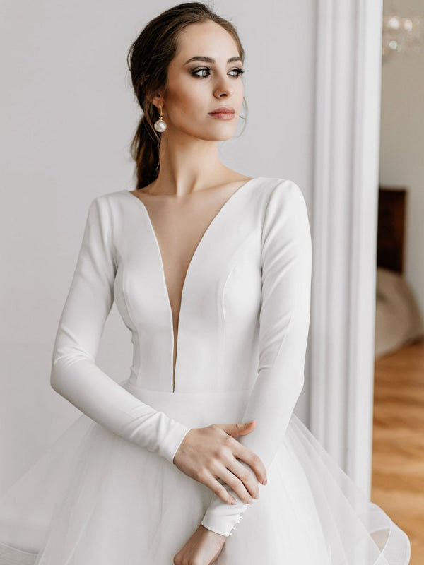White A-Line Wedding Dresses Floor-Length Long Sleeves Tiered V-Neck Natural Waist Floor Length Bridal Gowns