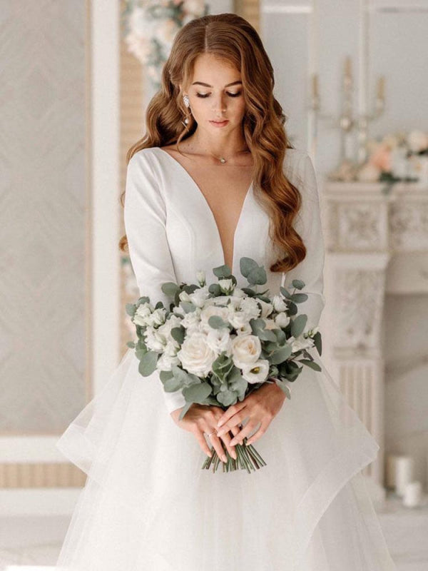 White A-Line Wedding Dresses Floor-Length Long Sleeves Tiered V-Neck Natural Waist Floor Length Bridal Gowns