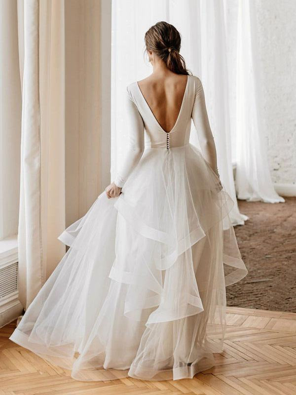 White A-Line Wedding Dresses Floor-Length Long Sleeves Tiered V-Neck Natural Waist Floor Length Bridal Gowns