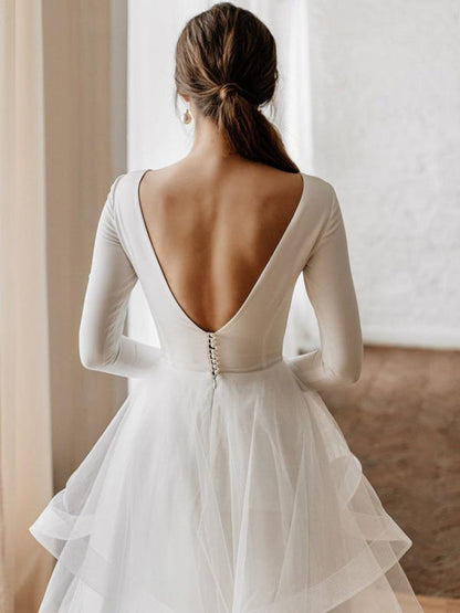 White A-Line Wedding Dresses Floor-Length Long Sleeves Tiered V-Neck Natural Waist Floor Length Bridal Gowns