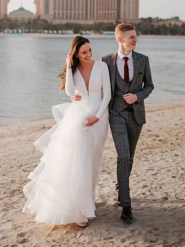 White A-Line Wedding Dresses Floor-Length Long Sleeves Tiered V-Neck Natural Waist Floor Length Bridal Gowns