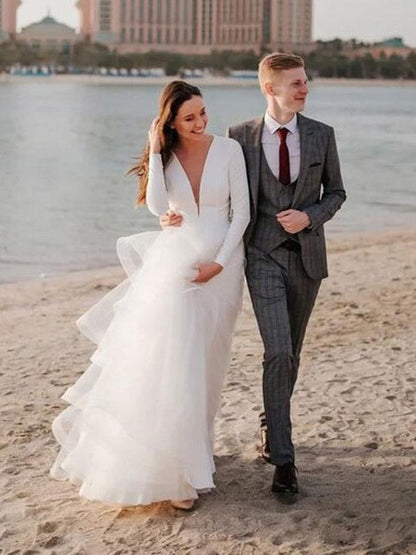White A-Line Wedding Dresses Floor-Length Long Sleeves Tiered V-Neck Natural Waist Floor Length Bridal Gowns