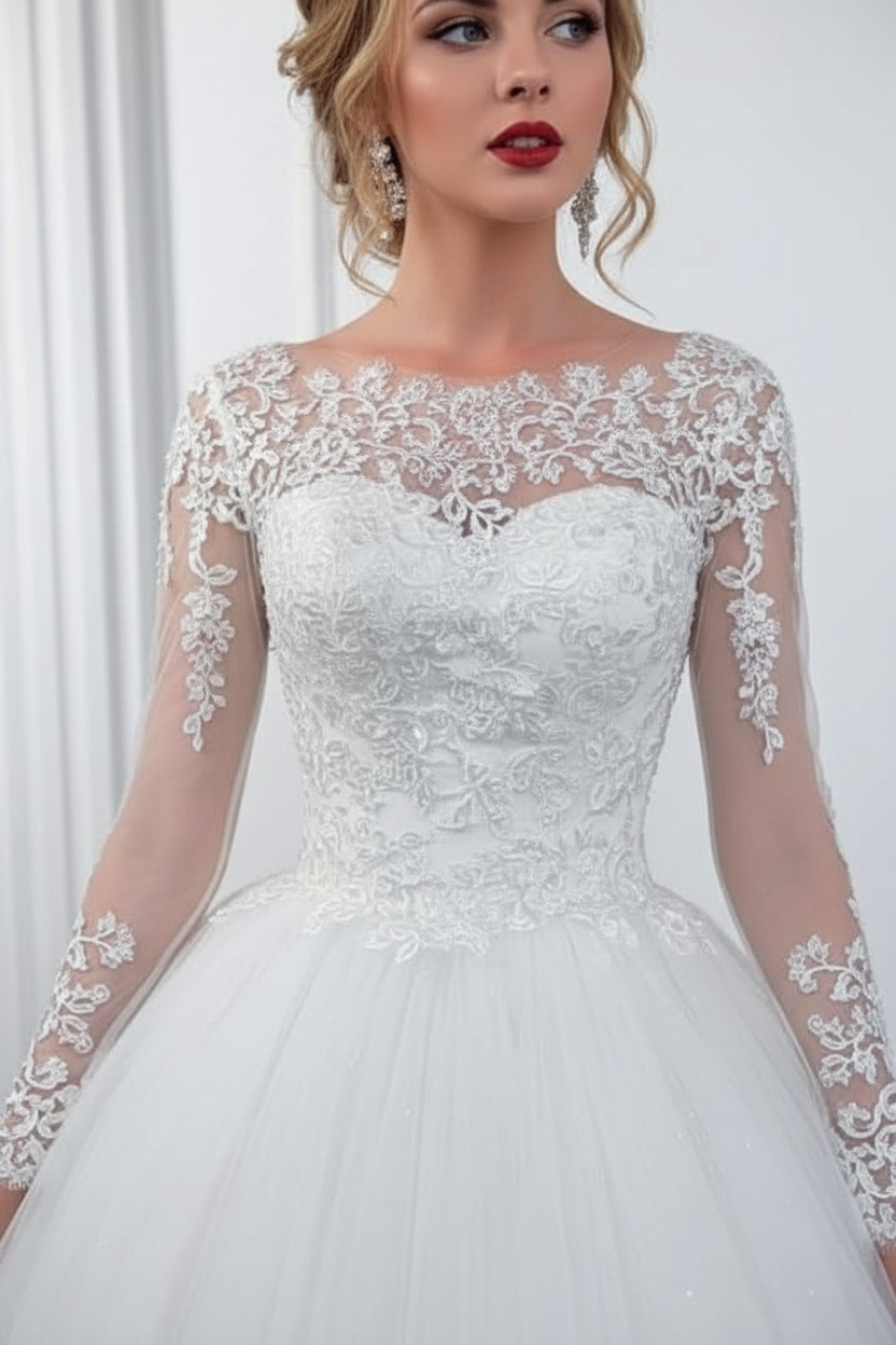 White Aline Wedding Gown Long Sleeves Tulle Bridal Dress with Lace Appliques