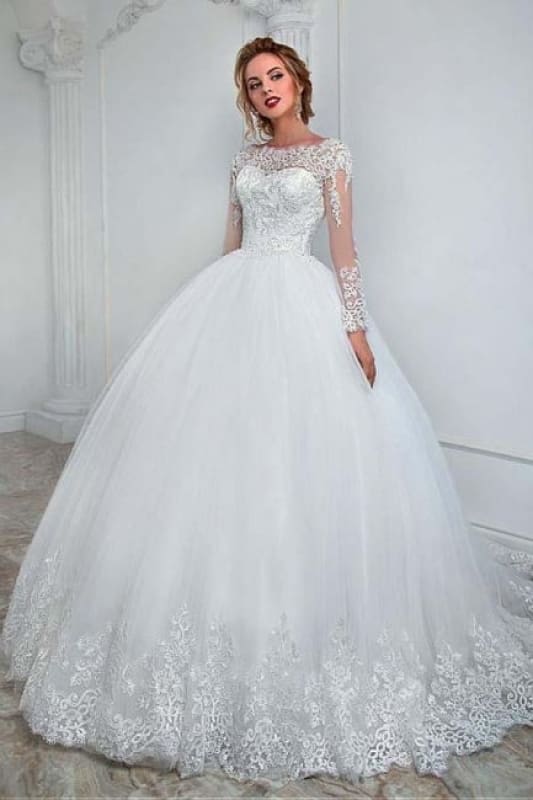 White Aline Wedding Gown Long Sleeves Tulle Bridal Dress with Lace Appliques