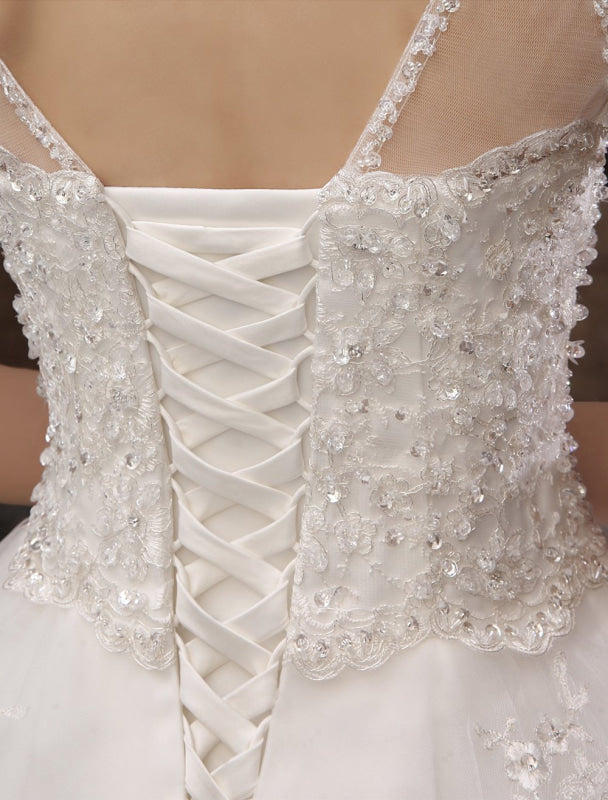 White Ball Gown Jewel Neck Beading Floor-Length Bridal Wedding Dress