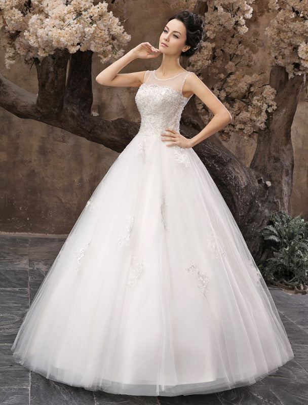 White Ball Gown Jewel Neck Beading Floor-Length Bridal Wedding Dress