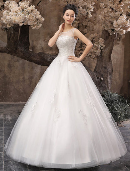 White Ball Gown Jewel Neck Beading Floor-Length Bridal Wedding Dress