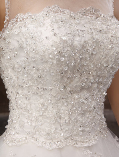 White Ball Gown Jewel Neck Beading Floor-Length Bridal Wedding Dress