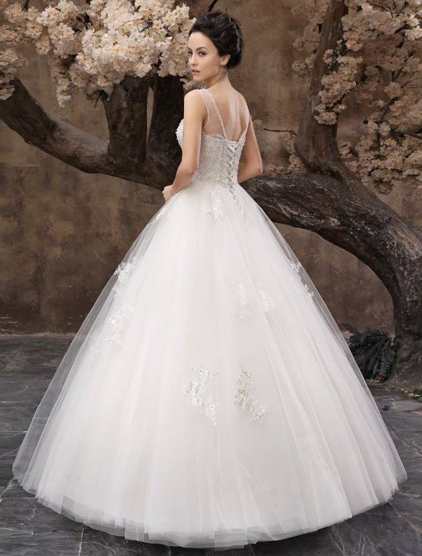 White Ball Gown Jewel Neck Beading Floor-Length Bridal Wedding Dress