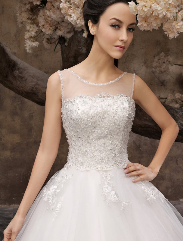 White Ball Gown Jewel Neck Beading Floor-Length Bridal Wedding Dress