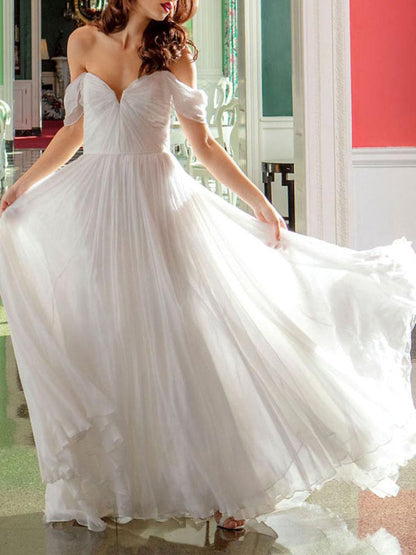 White Bridal Dress A-Line Bateau Chiffon Floor Length Wedding Dress