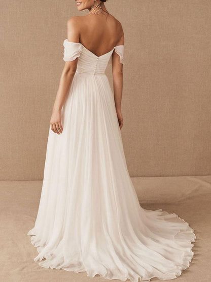 White Bridal Dress A-Line Bateau Chiffon Floor Length Wedding Dress