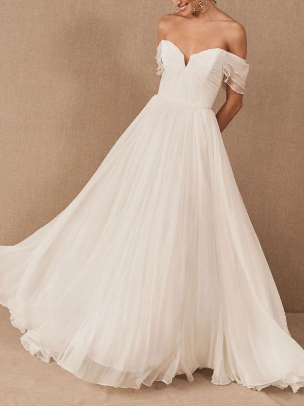 White Bridal Dress A-Line Bateau Chiffon Floor Length Wedding Dress
