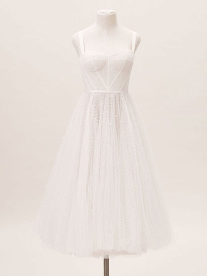 White Short Bridal Dress A-Line Sweetheart Pearls Tea Length Wedding Dress Spaghetti Straps