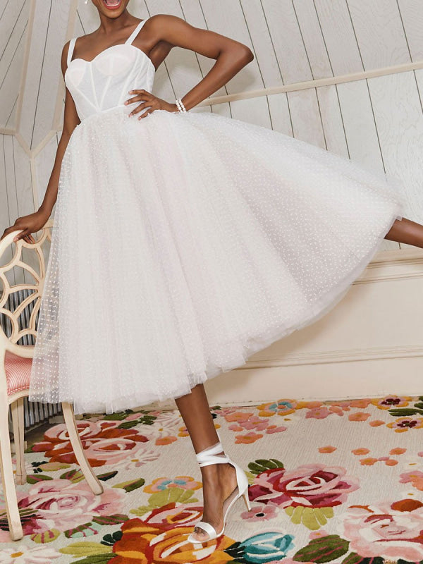 White Short Bridal Dress A-Line Sweetheart Pearls Tea Length Wedding Dress Spaghetti Straps