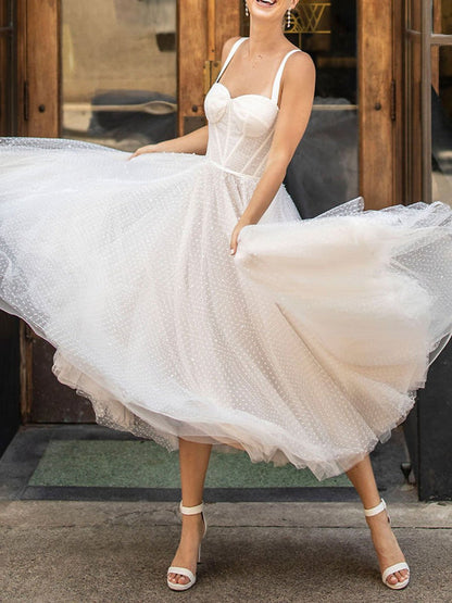 White Short Bridal Dress A-Line Sweetheart Pearls Tea Length Wedding Dress Spaghetti Straps