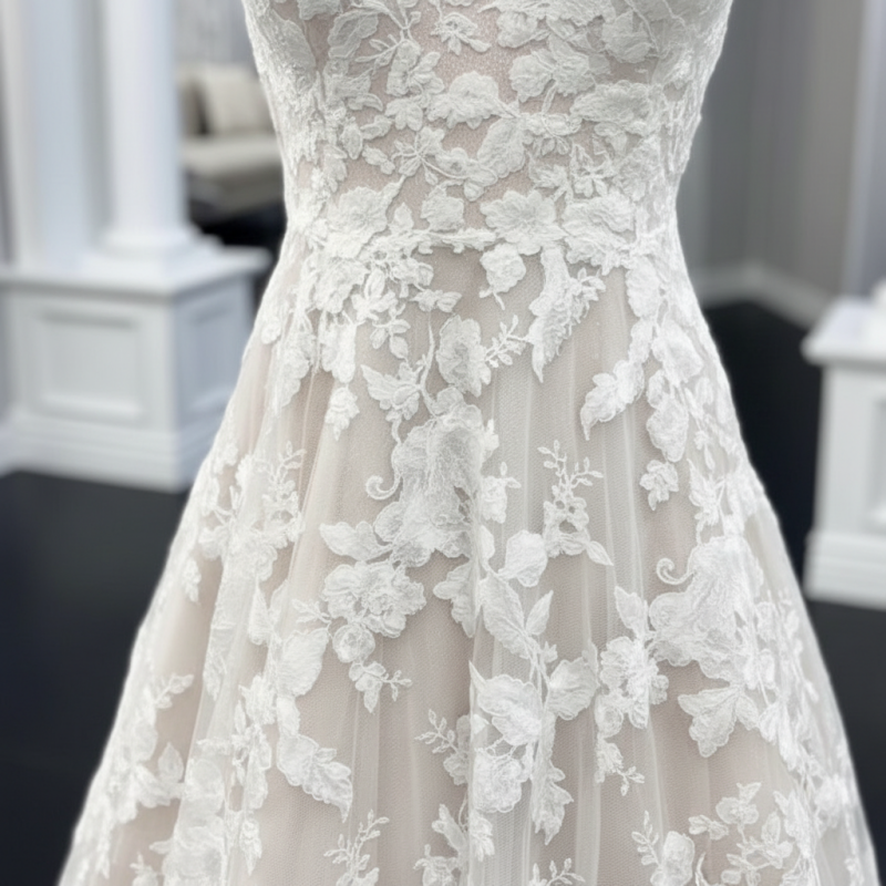 White Floral Lace Wedding Dress A Line V Neck Bridal Dress Sleeveless