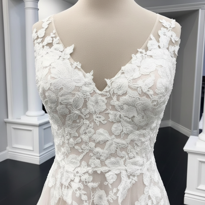 White Floral Lace Wedding Dress A Line V Neck Bridal Dress Sleeveless