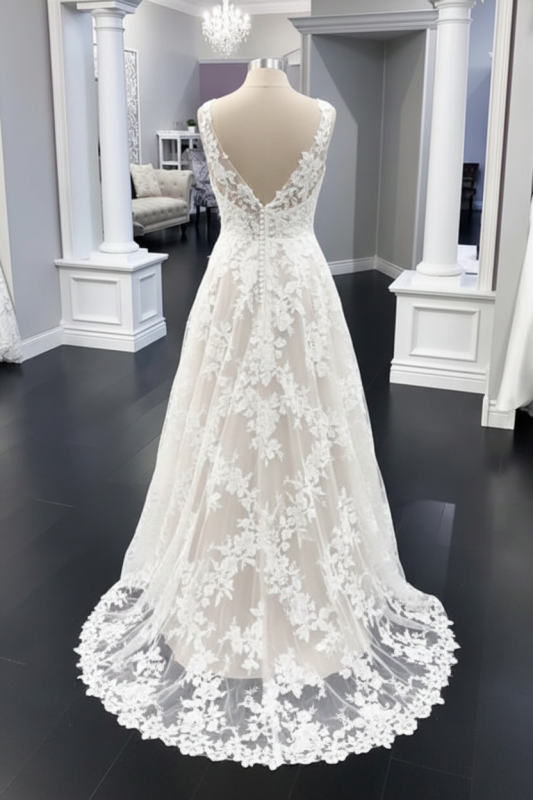 White Floral Lace Wedding Dress A Line V Neck Bridal Dress Sleeveless