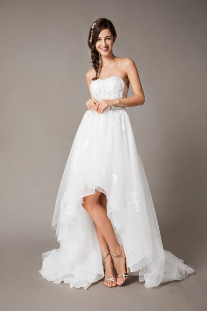 High Low Wedding Dresses Strapless Lace Tulle Bow Sash Asymmetrical Summer Beach Bridal Dress
