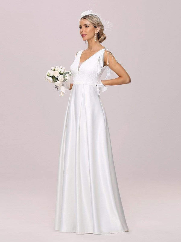 White Intage Wedding Dress V-Neck Sleeveless Natural Waist Satin Fabric Floor-Length Fringe Traditional Dresses For Bride