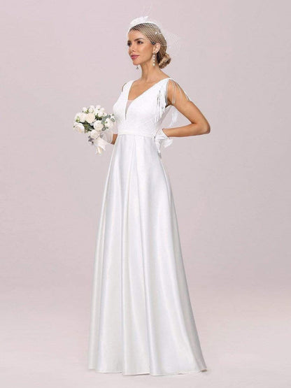 White Intage Wedding Dress V-Neck Sleeveless Natural Waist Satin Fabric Floor-Length Fringe Traditional Dresses For Bride