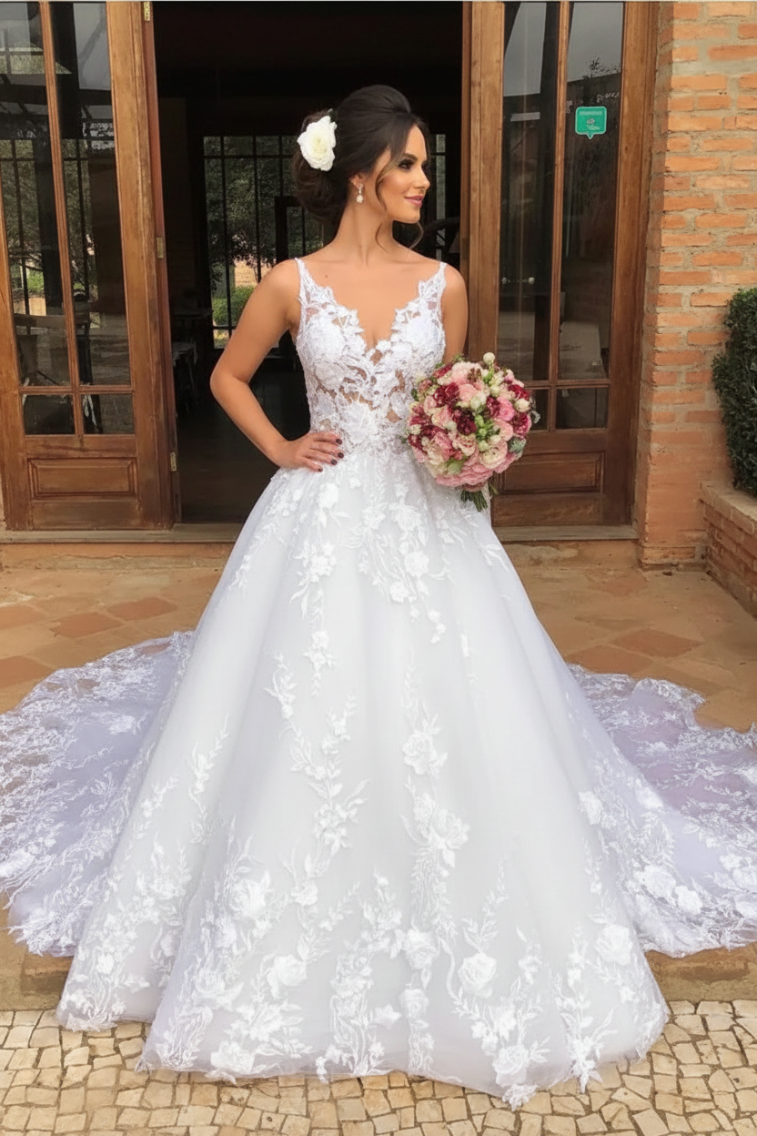 V Neck White Lace Aline Wedding Dress Sleeveless Tulle Ball Gown with Appliques