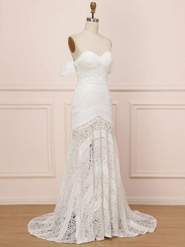 White Lace Wedding Dress Floor Length Sheath Sleeveless Lace Sweetheart Bridal Dresses Train Dress