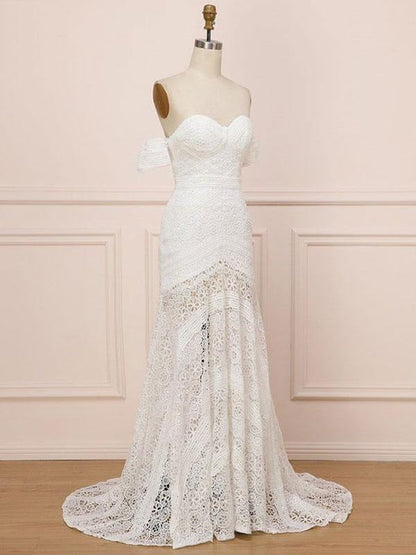 White Lace Wedding Dress Floor Length Sheath Sleeveless Lace Sweetheart Bridal Dresses Train Dress