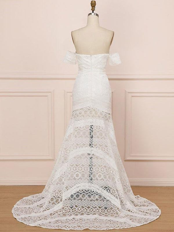 White Lace Wedding Dress Floor Length Sheath Sleeveless Lace Sweetheart Bridal Dresses Train Dress