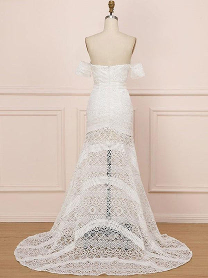 White Lace Wedding Dress Floor Length Sheath Sleeveless Lace Sweetheart Bridal Dresses Train Dress