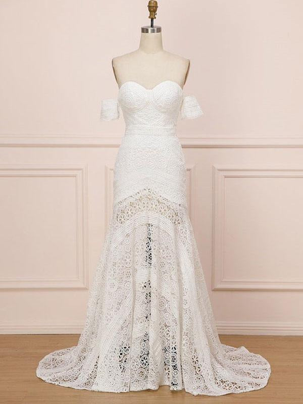 White Lace Wedding Dress Floor Length Sheath Sleeveless Lace Sweetheart Bridal Dresses Train Dress