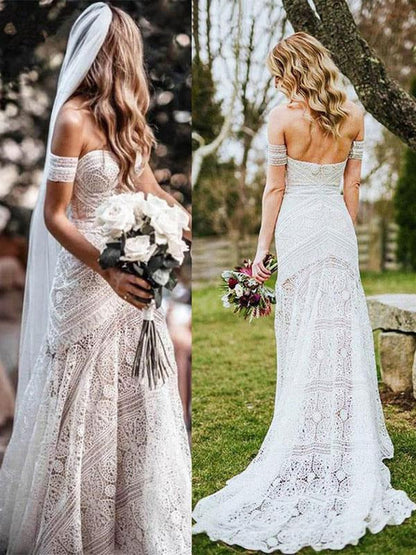 White Lace Wedding Dress Floor Length Sheath Sleeveless Lace Sweetheart Bridal Dresses Train Dress