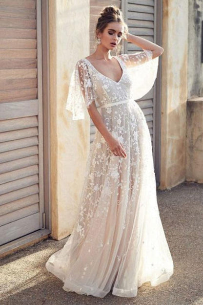 White Lace Wedding Dress V Neck A-Line Wedding Dress Short Sleeves Backless Bridal Dresses