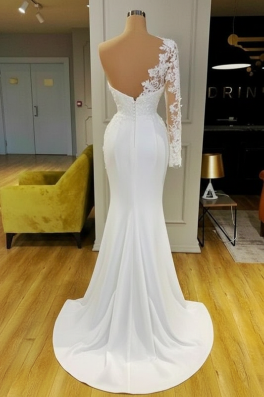 White Mermaid Evening Dress Front Split with Long Sleeves