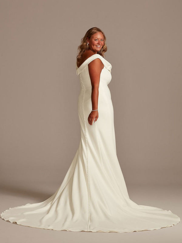 White Mermaid Wedding Dresses With Chapel Train Stretch Crepe Sleeveless Off-Shoulder Buttons Natural Waist Backless Bridal Gowns