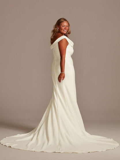 White Mermaid Wedding Dresses With Chapel Train Stretch Crepe Sleeveless Off-Shoulder Buttons Natural Waist Backless Bridal Gowns