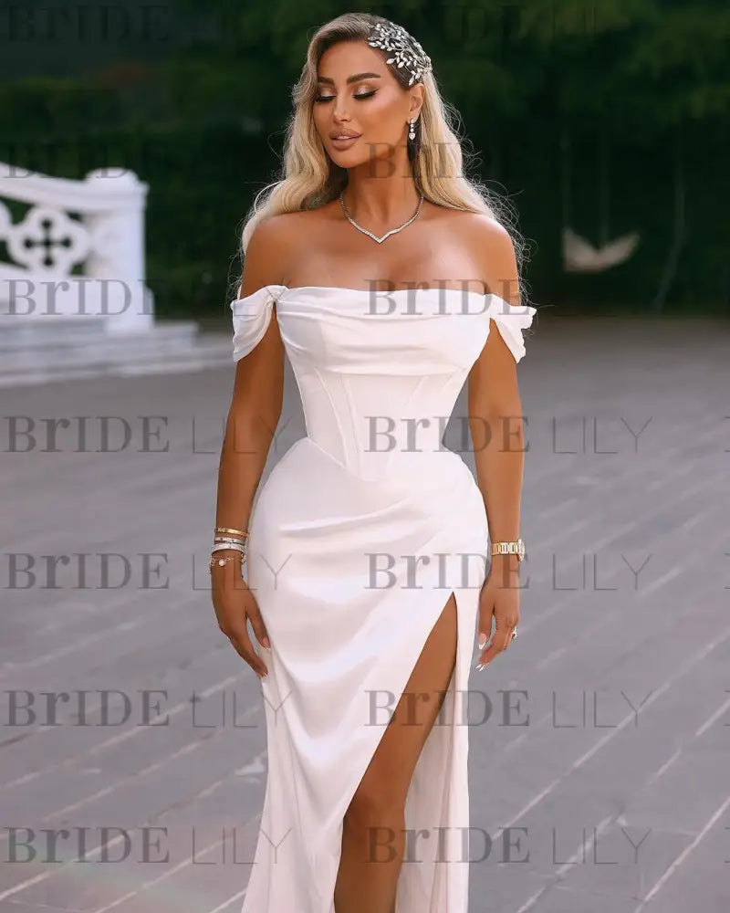 White Off-the-Shoulder Satin Prom Dress Ruffle with High Slit