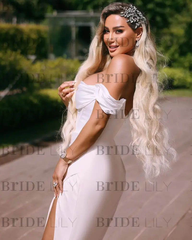 White Off-the-Shoulder Satin Prom Dress Ruffle with High Slit