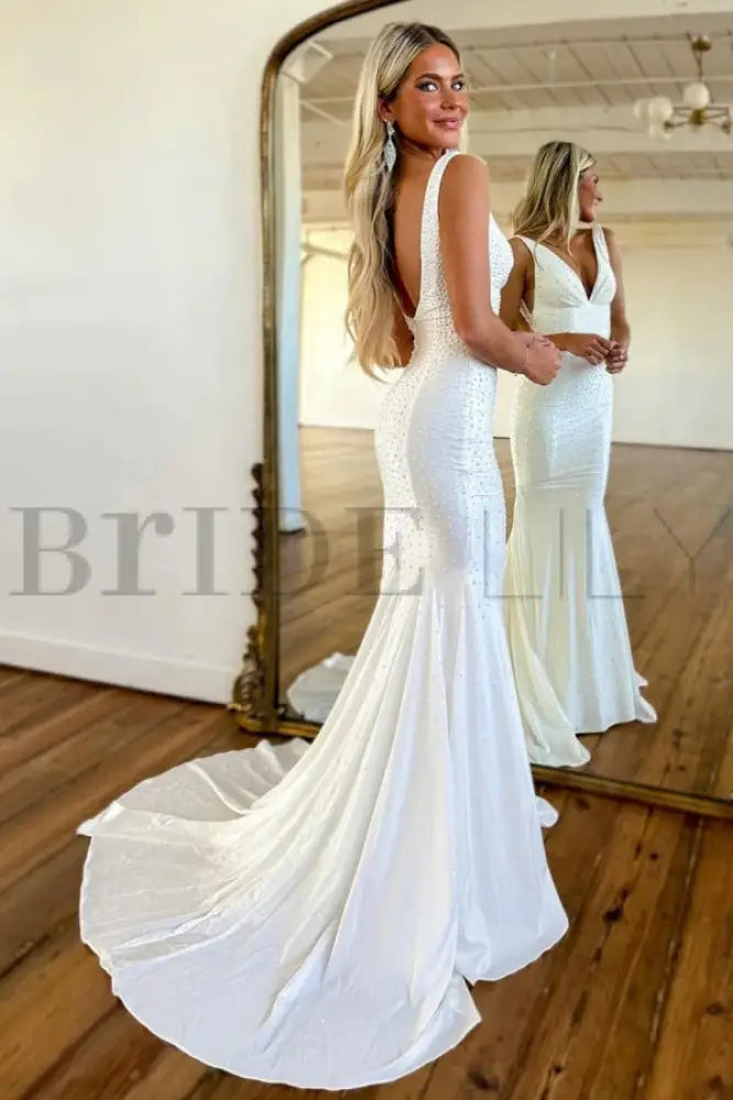 Green Prom Dress Mermaid V Neck Long Evening Dress with Beadings